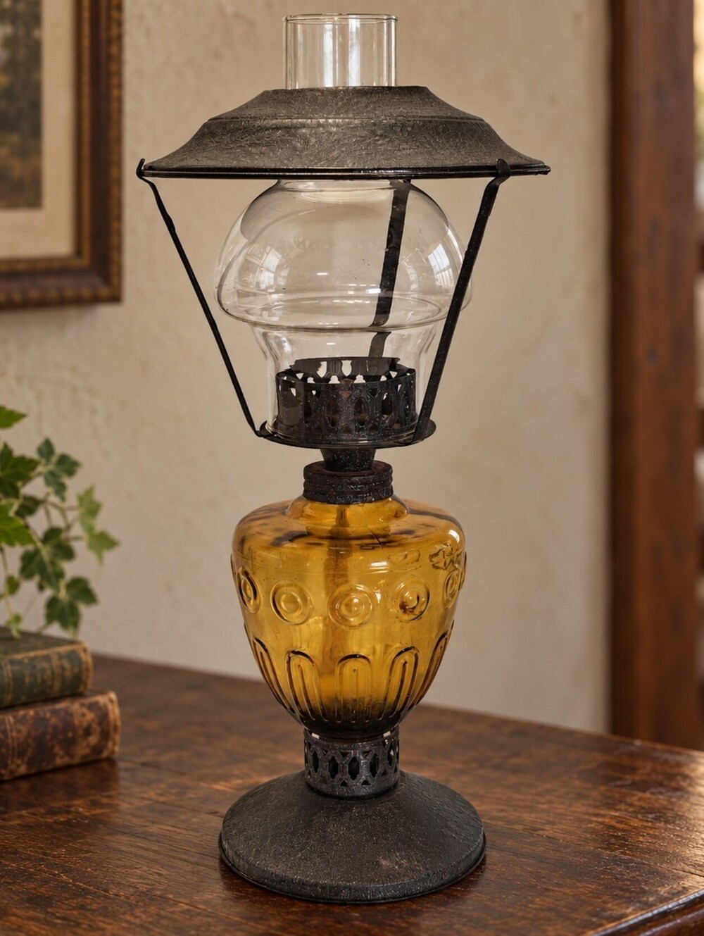 Vintage Amber Glass Hurricane Oil Lamp Metal Shade Pedestal Scalloped Chimney